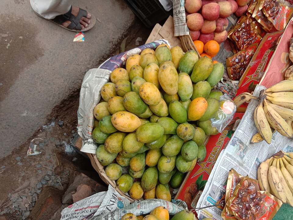 Crates of fresh mangoes at a local Indian fruit market